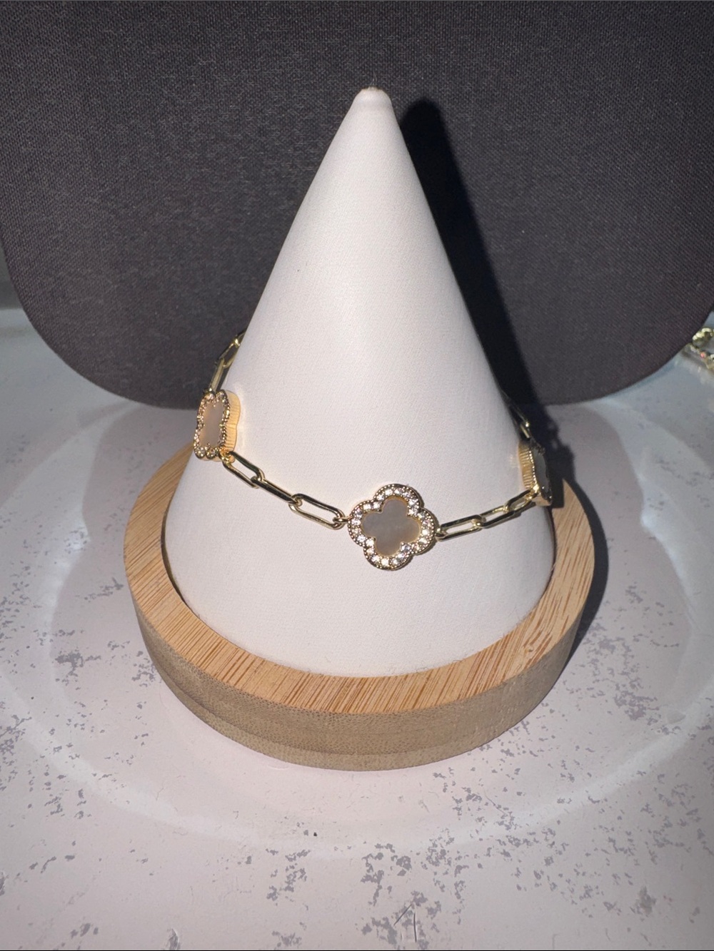 Gold Clover Link Bracelet with Beige Stone Accents
